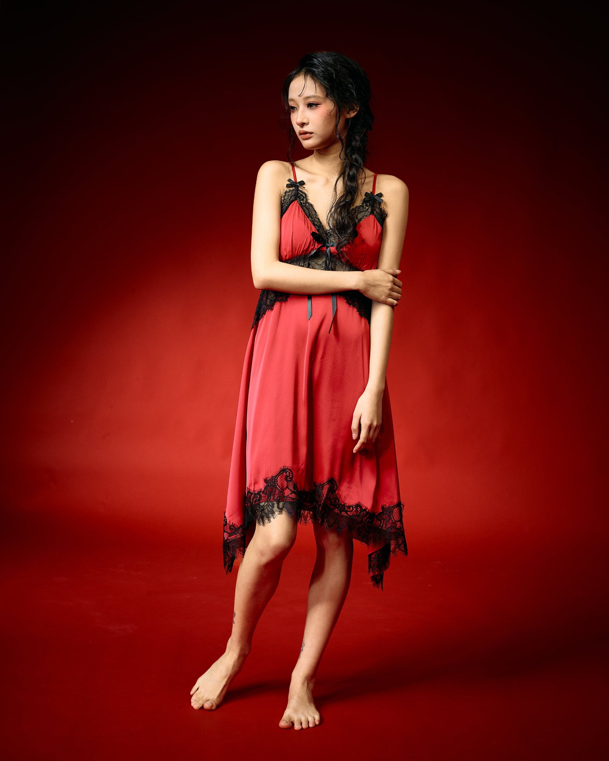 Red Whisper Lace Nightdress Set