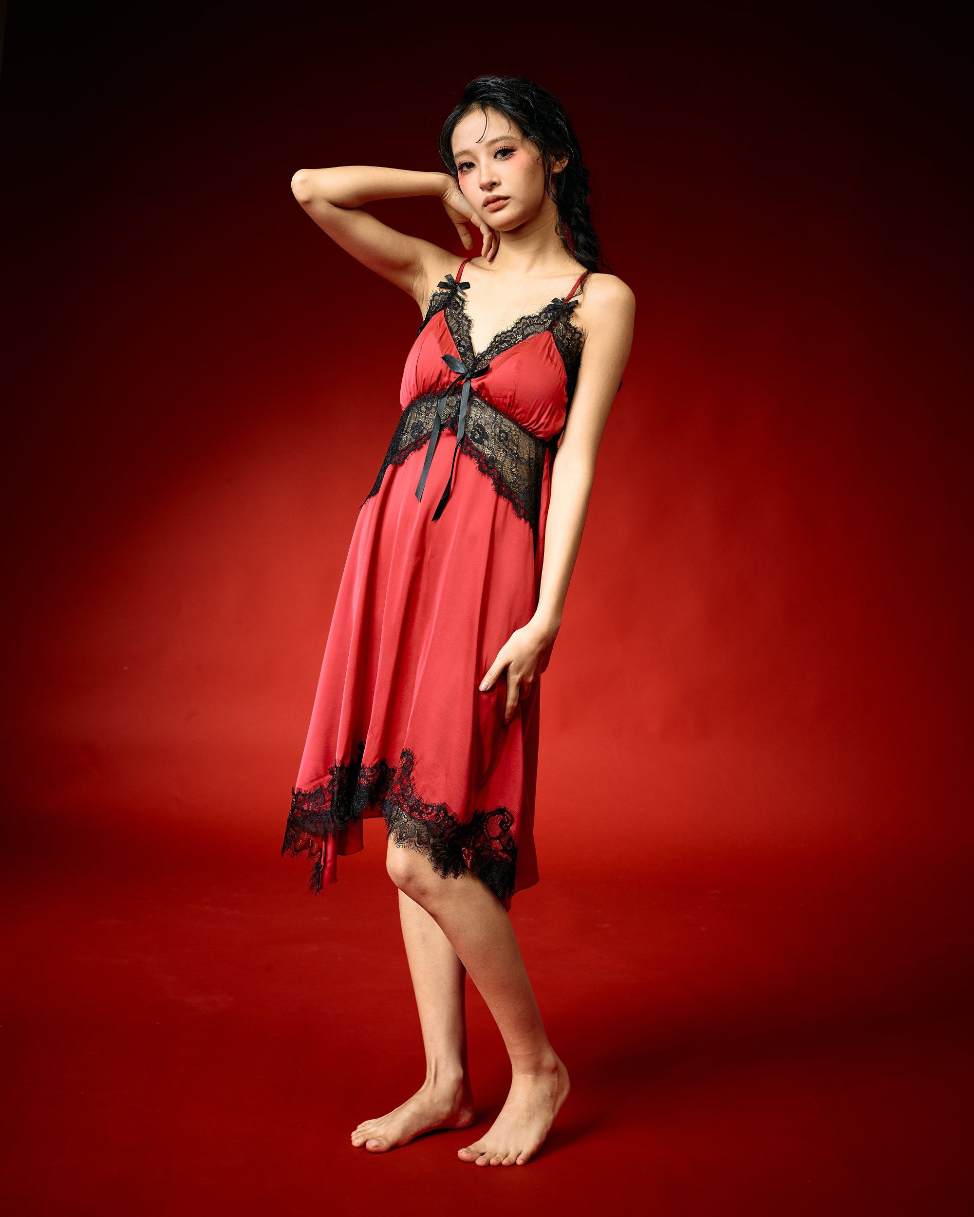 Red Whisper Lace Nightdress Set