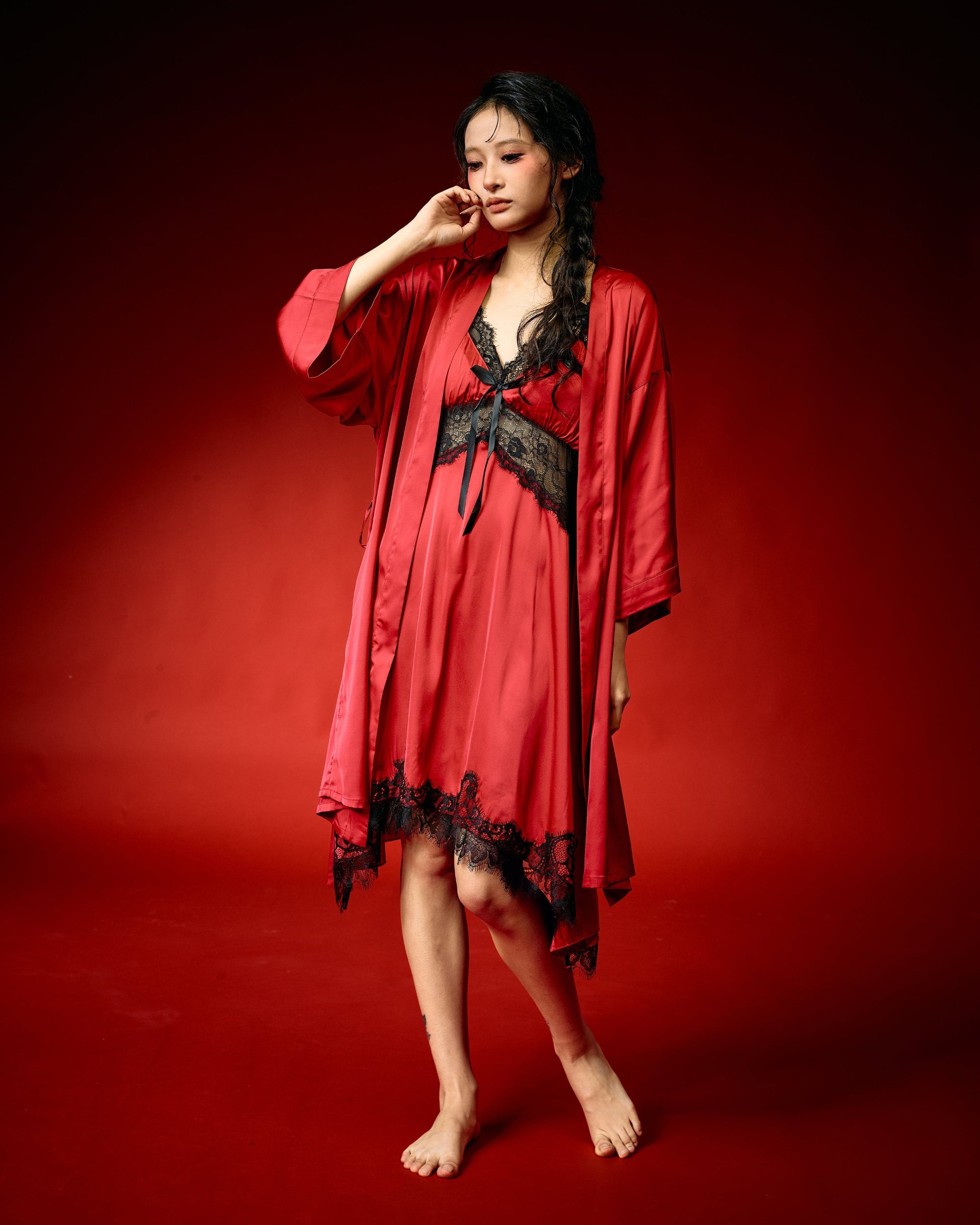 Red Whisper Lace Nightdress Set
