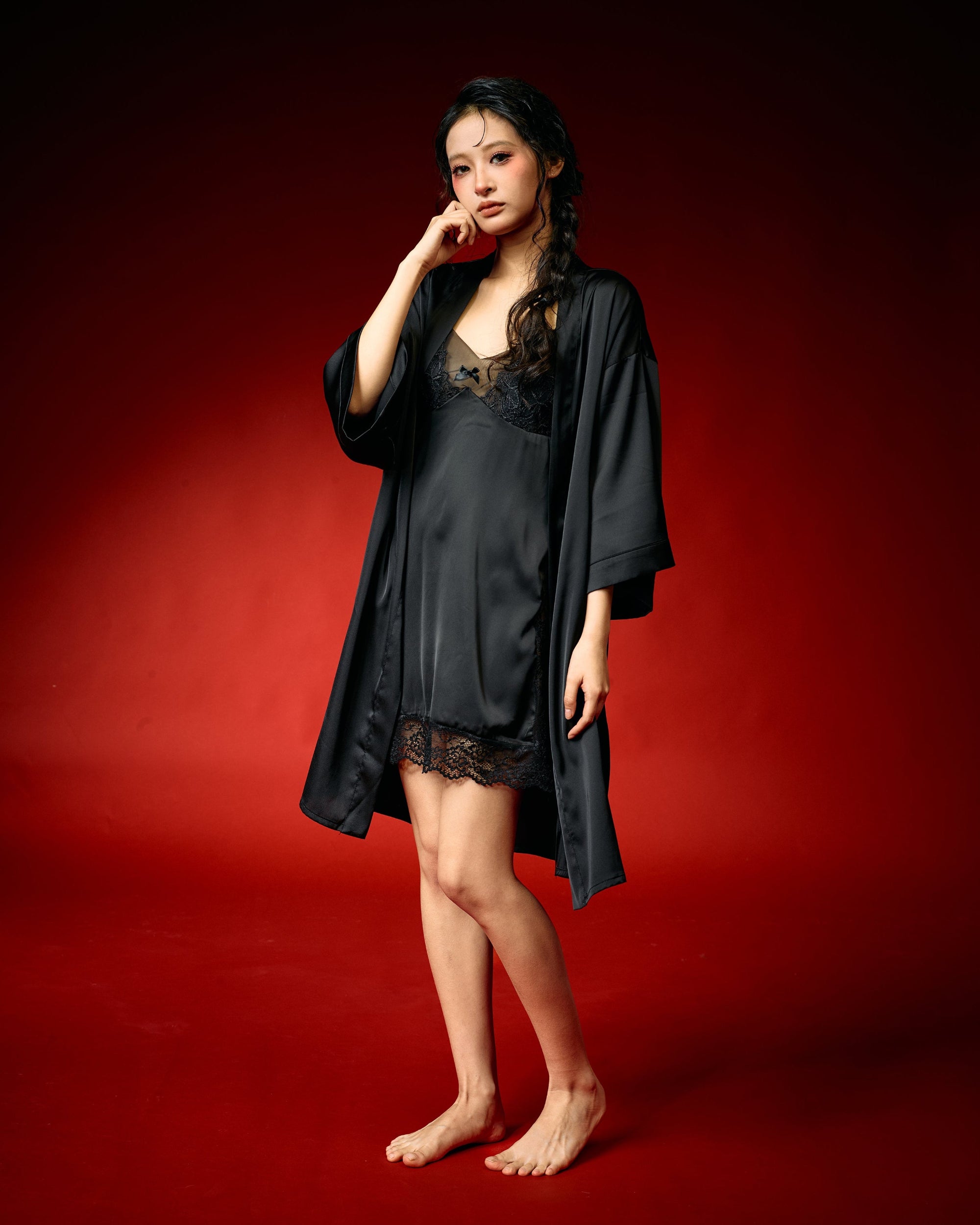 Silken Desire Black Lace Nightdress Set