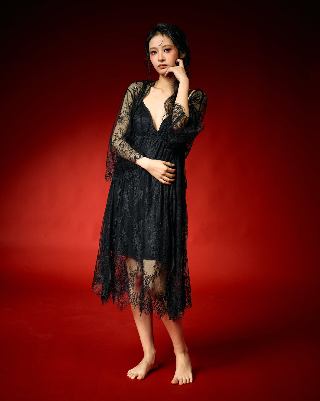 Lunaria Black Lace Long Nightwear Set