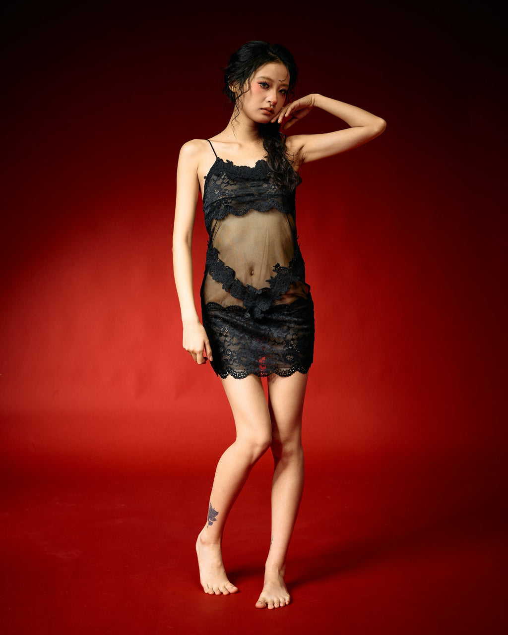 Sheer Bloom Black Lace Mini Nightdress