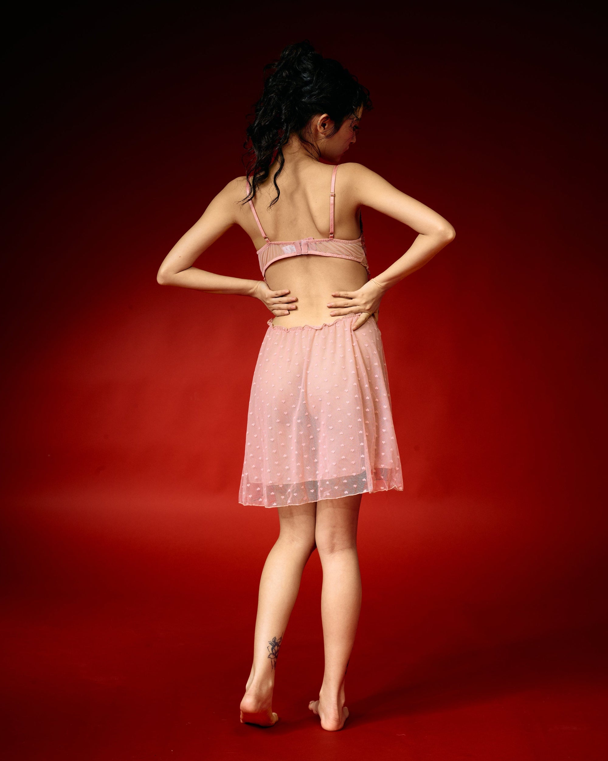 Midnight Veil Pink Mesh Lace Nightdress