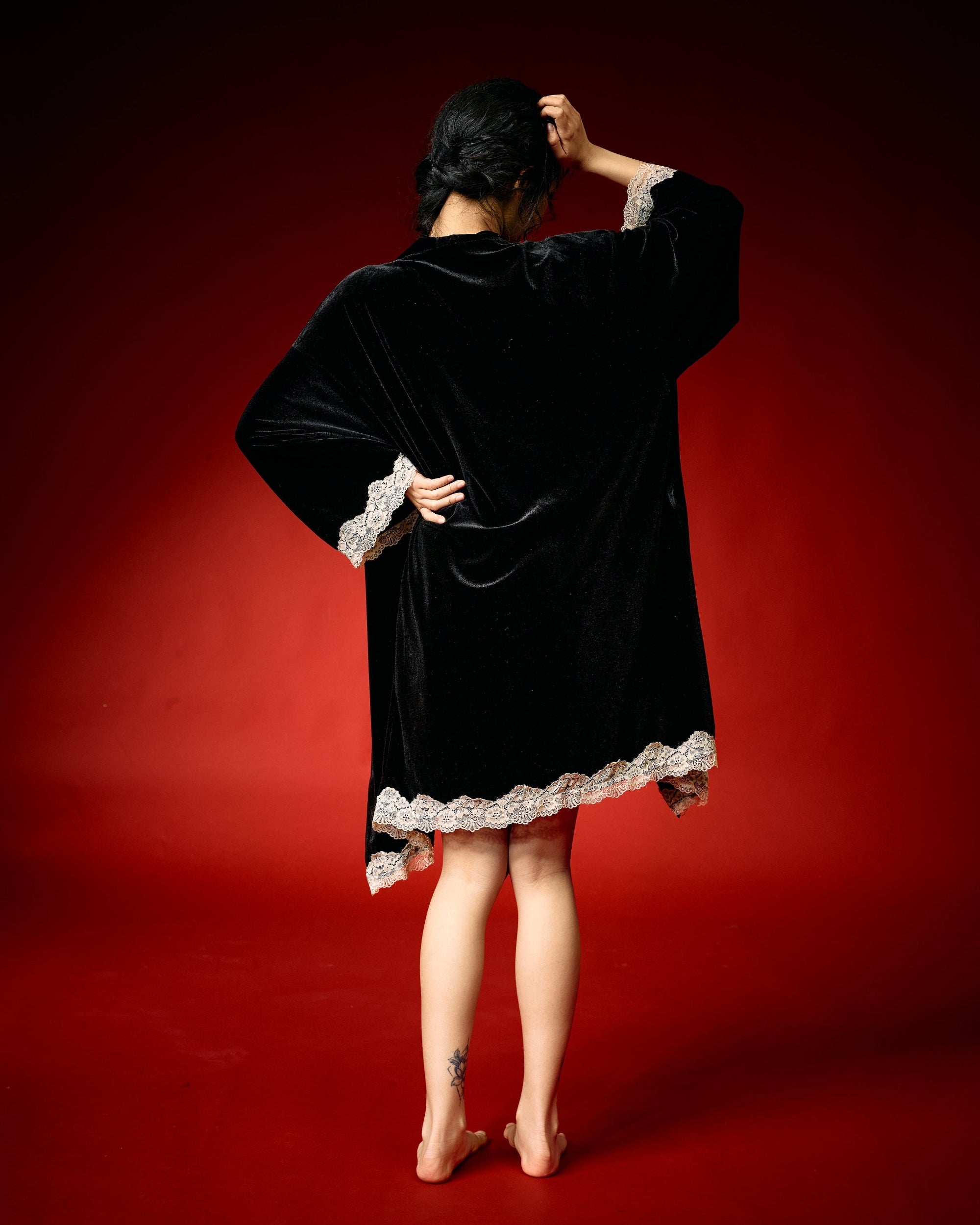 Nocturne Black Velvet Lace Nightdress Set