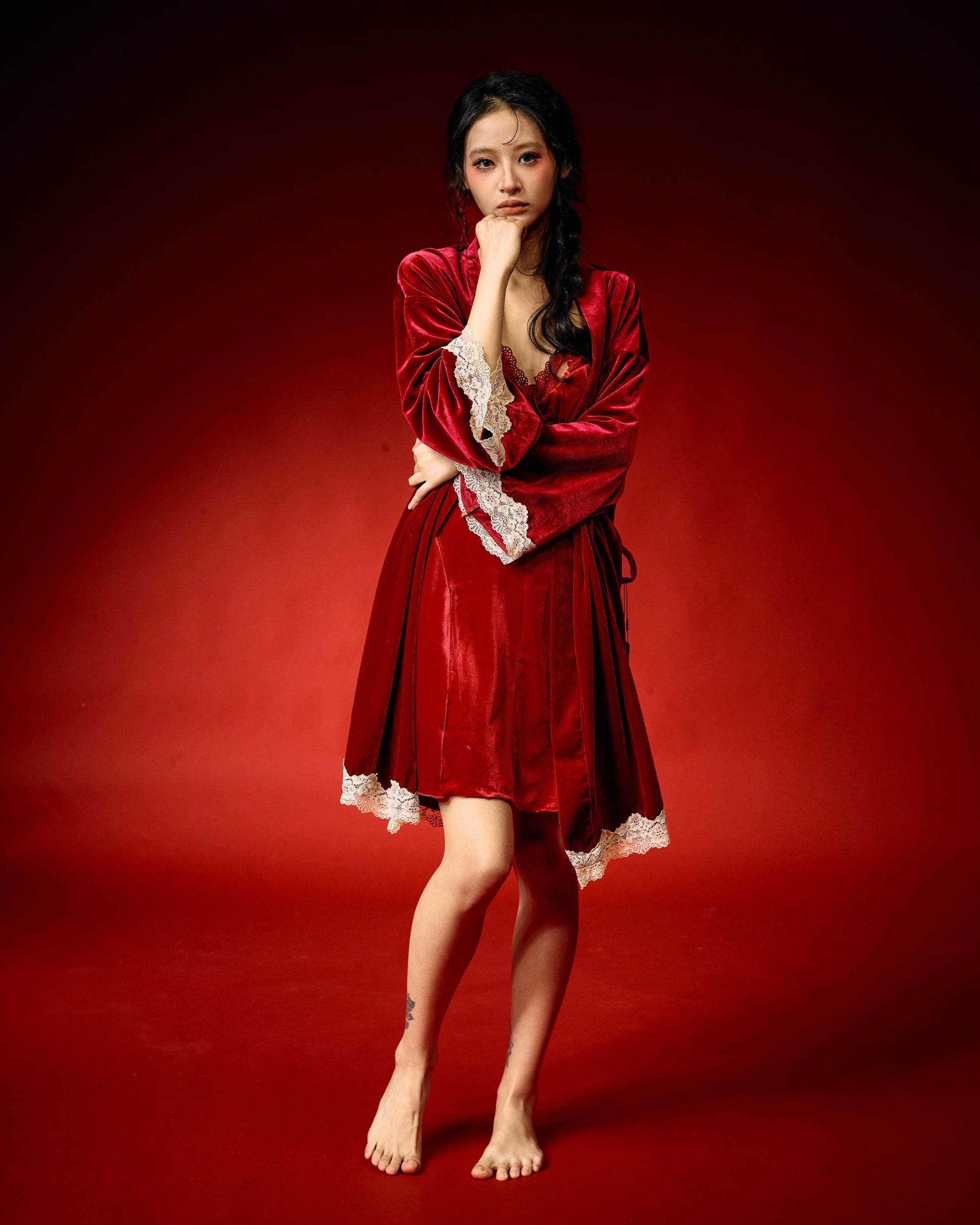 Nocturne Red Velvet Lace Nightdress Set