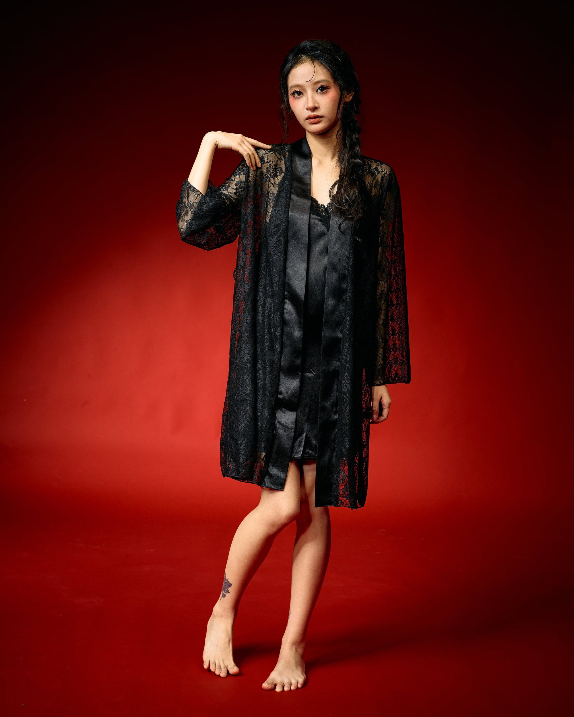 Black Veil Satin Lace Nightdress with Robe
