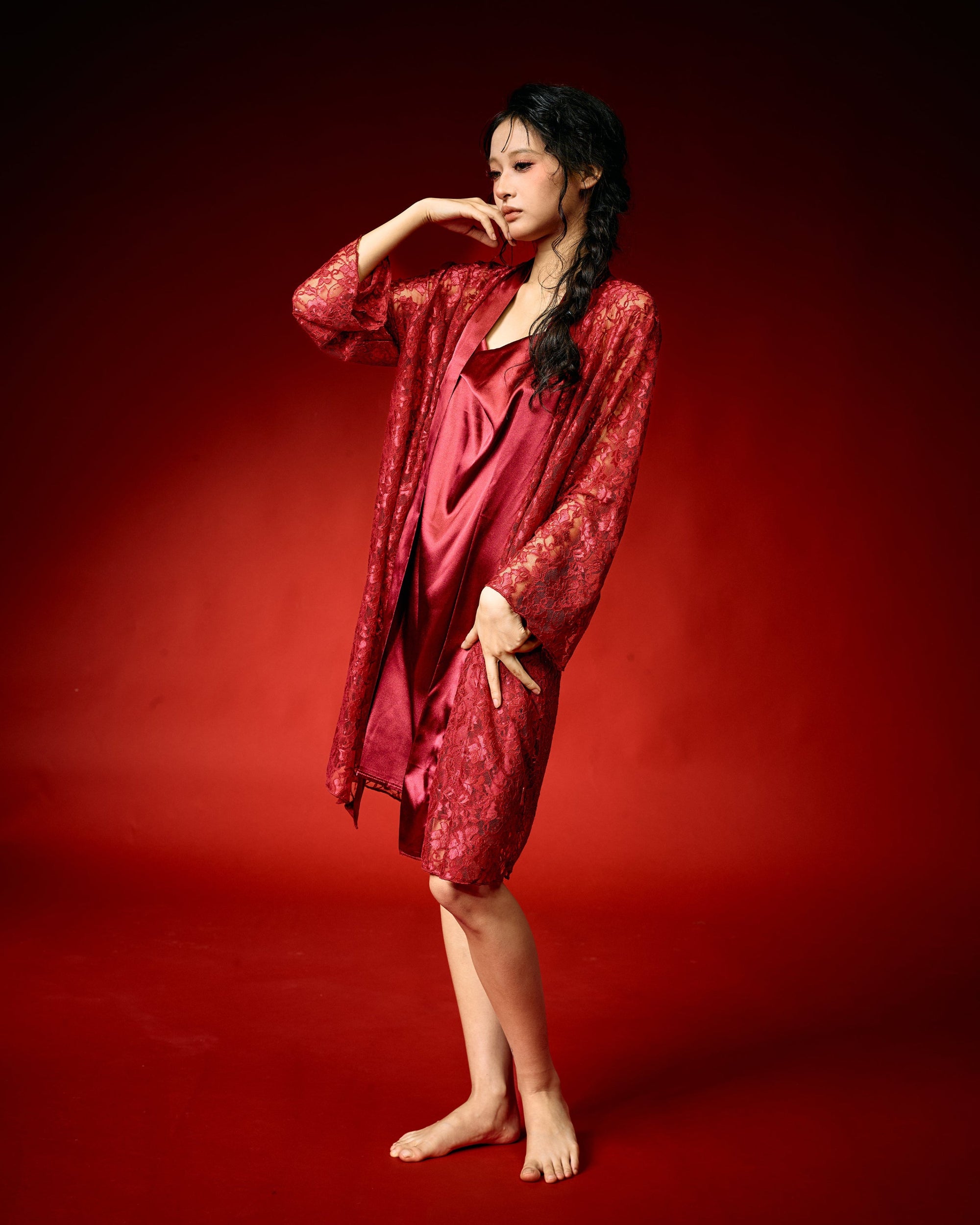 Red Veil Satin Lace Nightdress with Robe