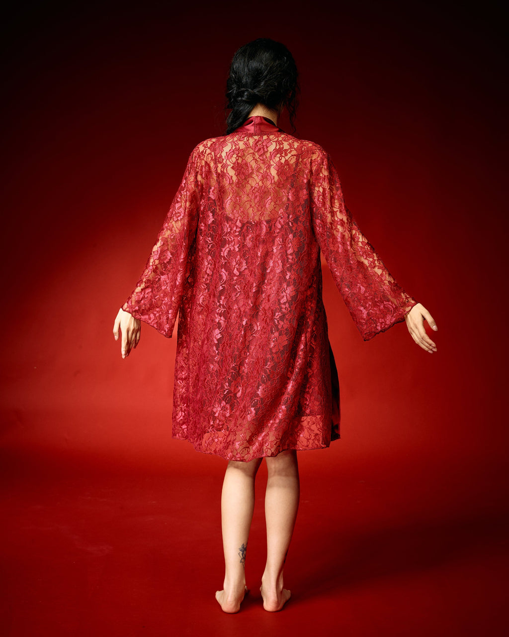 Red Veil Satin Lace Nightdress with Robe